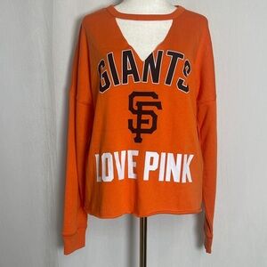 NWT VS PINK SF GIANTS Sweatshirt Size XS V Neck Distressed Oversized Pullover